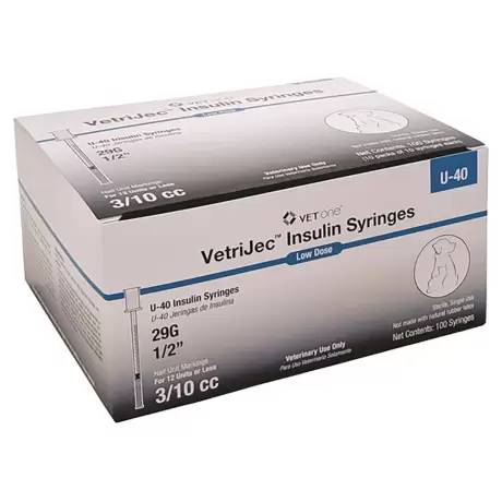 VetriJec U-40 Insulin Syringes for Cats and Dogs - 3/10cc, 29G, 1/2 inch, 100ct, Half Unit Markings