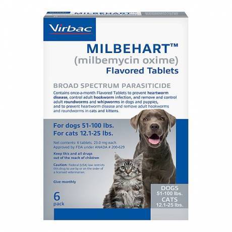Milbehart Flavored Tablets - for Dogs 51-100 lbs or Cats 12.1-25 lbs, 6 Month Supply Heartworm Preventative