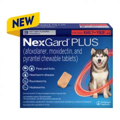 NexGard PLUS chewables for Dogs for prevention of parasites, Large Dogs 66.1-132 lbs, 3 chewables